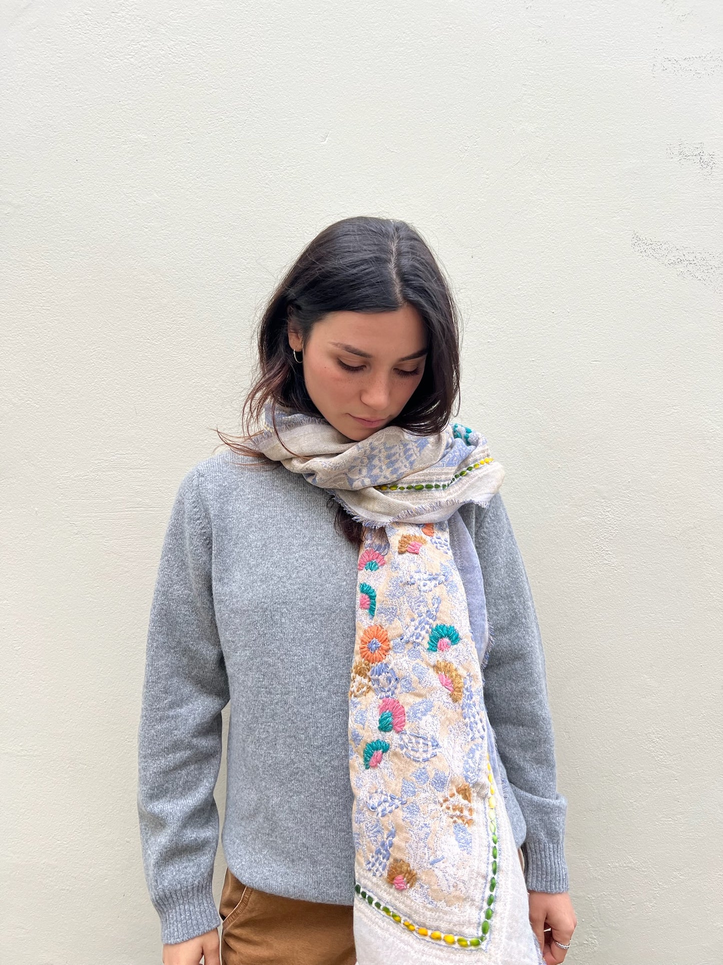 SCARF18597 | Embroidered Floral Scarf / Wild Oat - Pre Order
