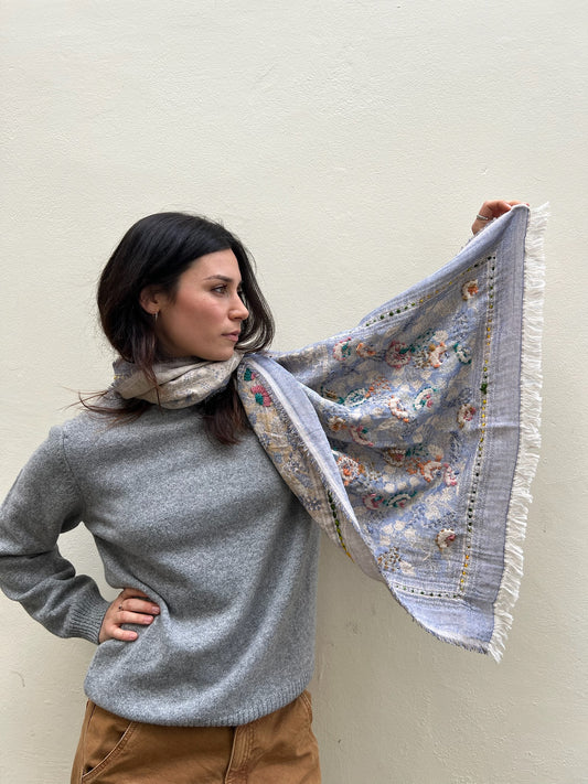 SCARF18597 | Embroidered Floral Scarf / Wild Oat