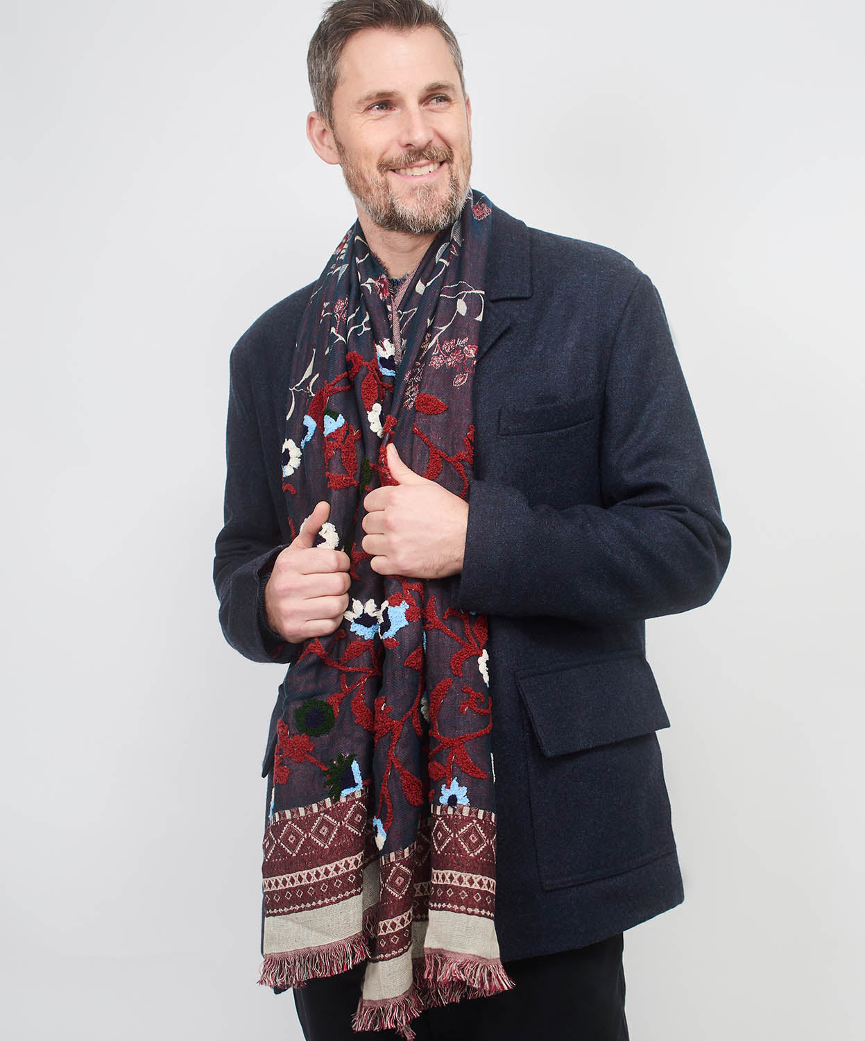 SCARF17258 | Soft Cotton Embroidered Floral Scarf - Navy - Pre Order