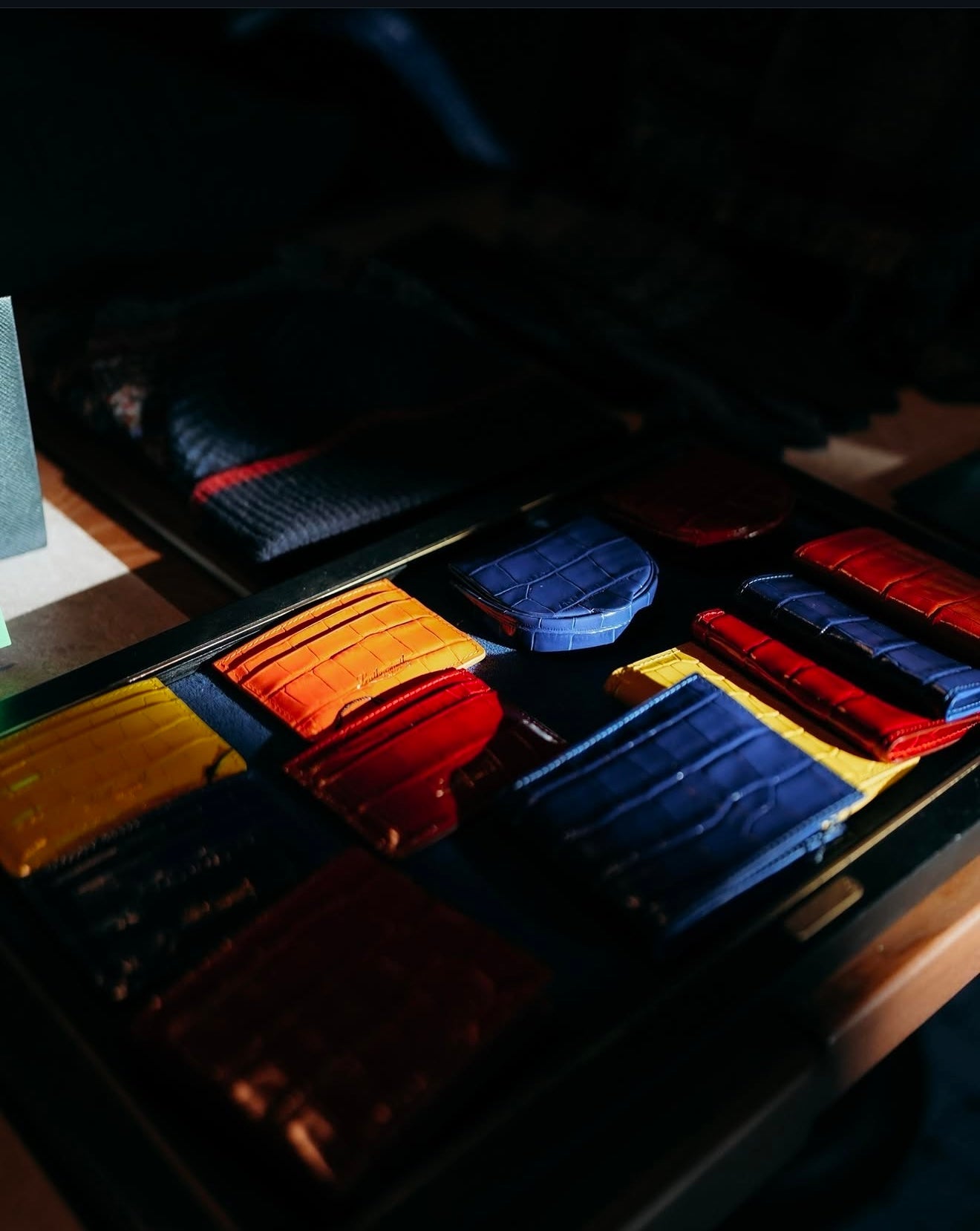 Close-Up of small leather goods in croc embossed leather 