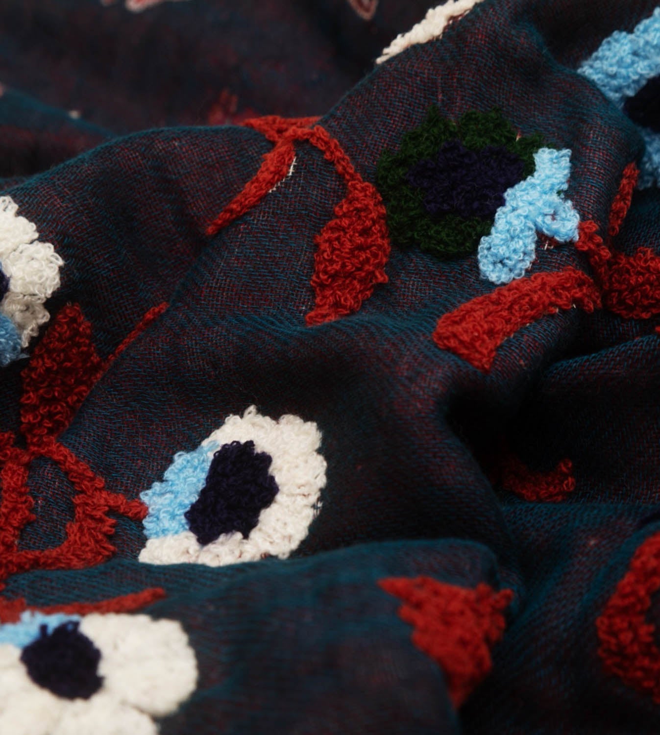 Soft Cotton Embroidered Floral Navy Scarf Close-Up