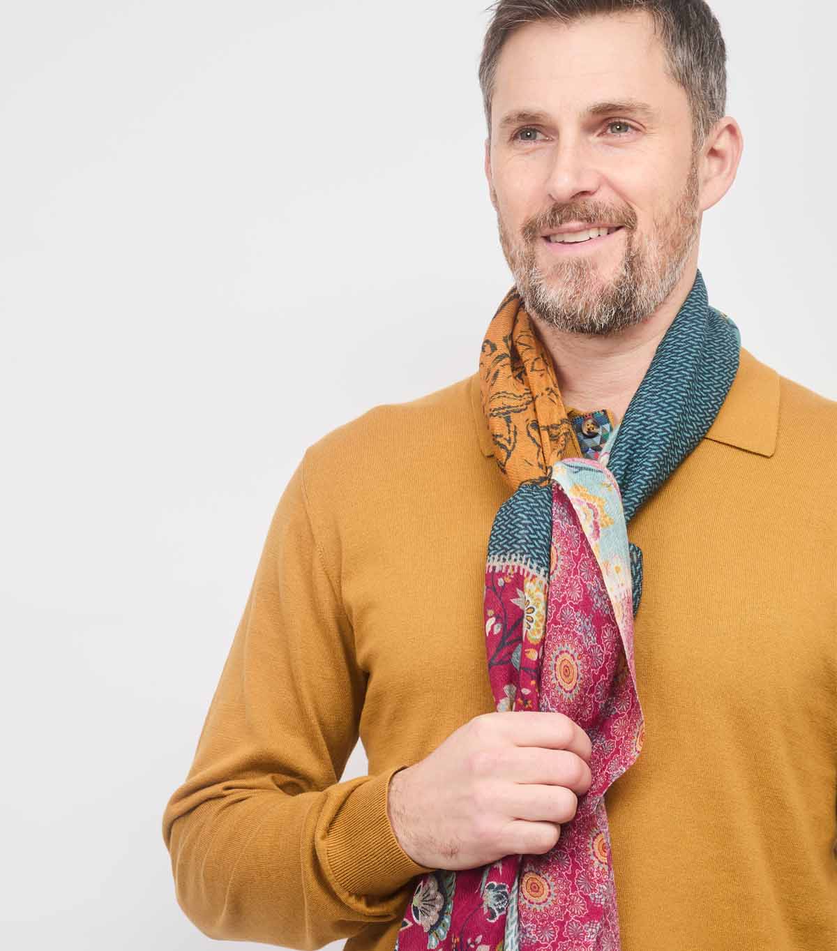 Male model wearing a Plum/Mustard Patchwork Printed Scarf
