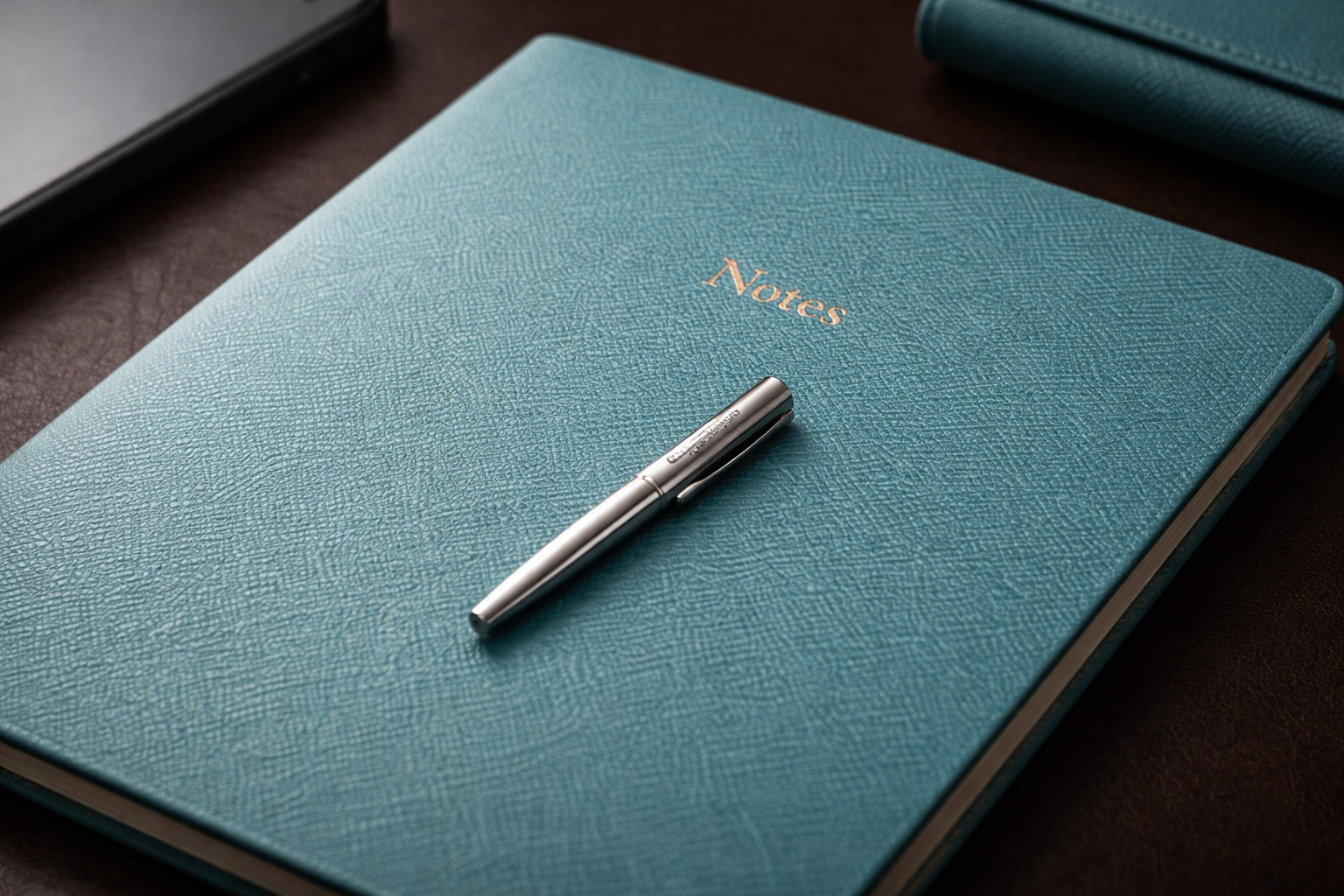 Light Blue notebook with a sterling silver pen on top 
