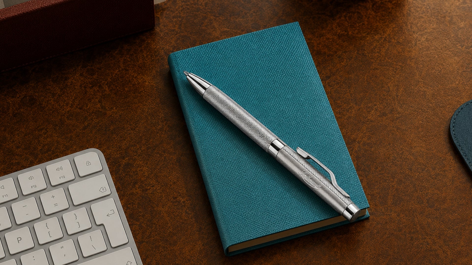 A silver metallic ballpoint pen resting diagonally on a teal textured notebook, placed on a dark brown wooden desk next to a white keyboard.