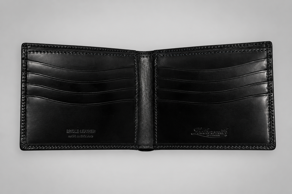 Interior of black bridle leather wallet showing eight card slots