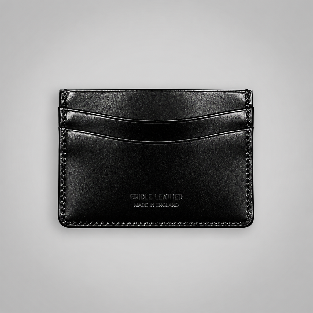 Reverse of black bridle leather cardholder with stitched edges