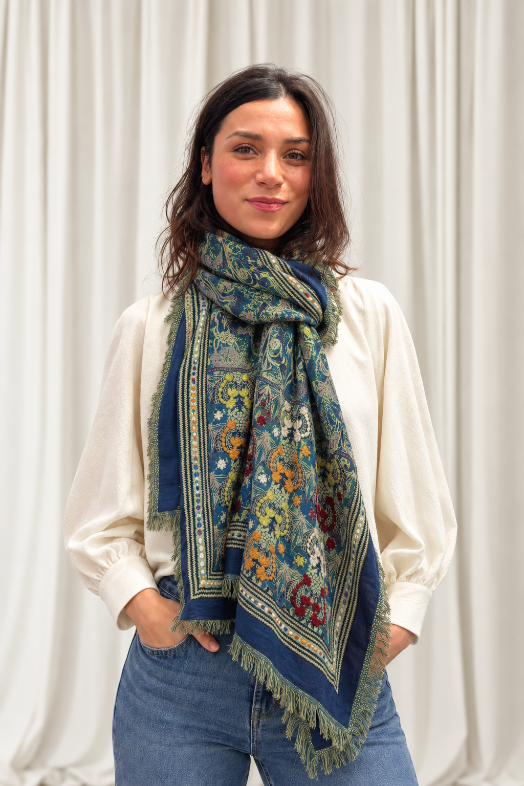 SCARF18597 | Blue Embroidered Patchwork Scarf