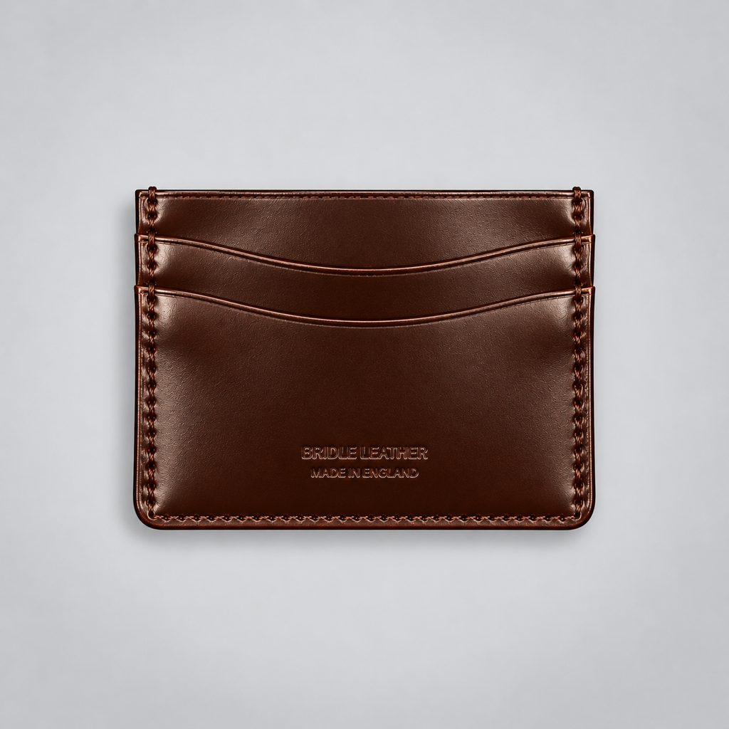 Reverse of brown bridle leather cardholder showing card compartments