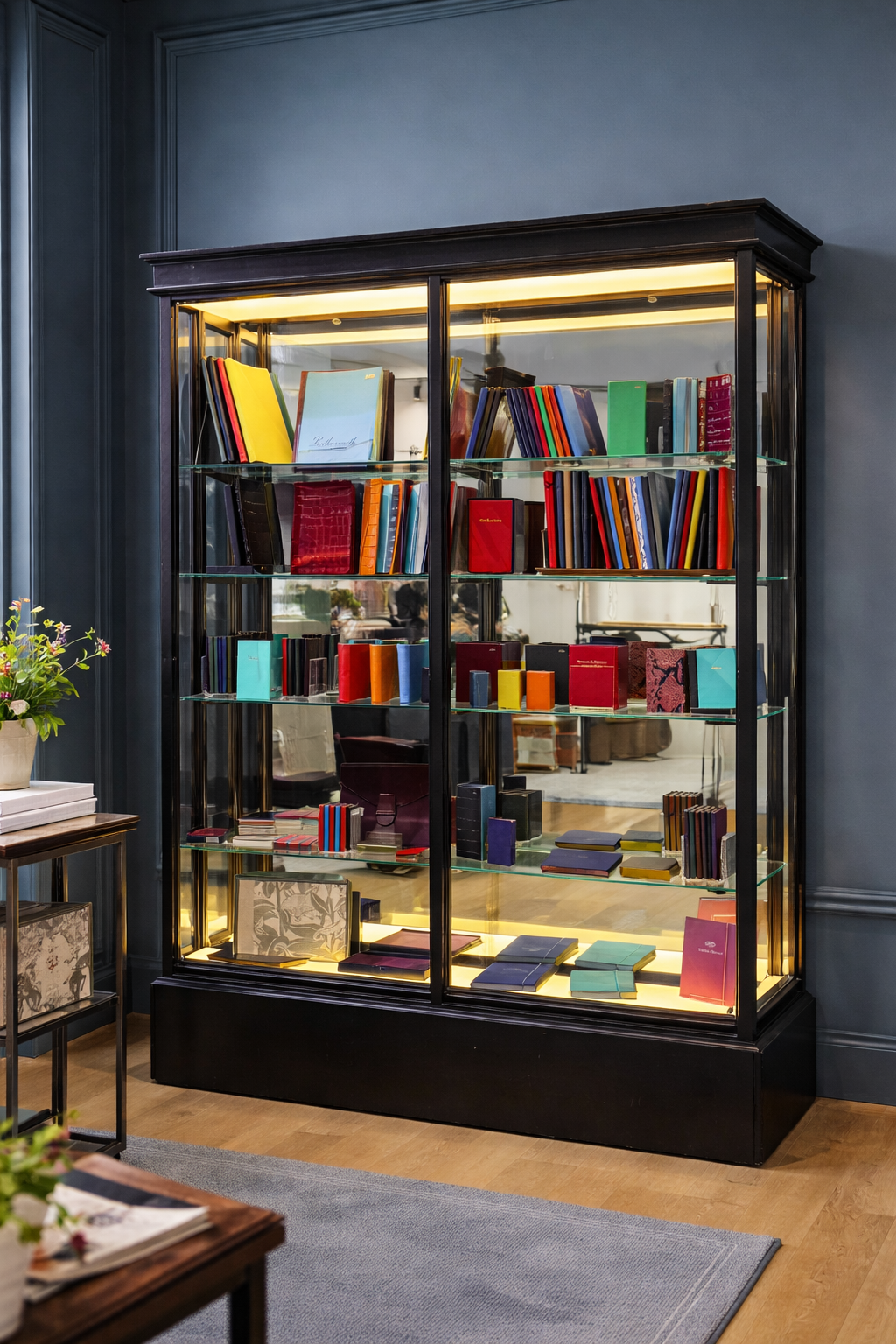 Bookcase with colorful notebooks 
