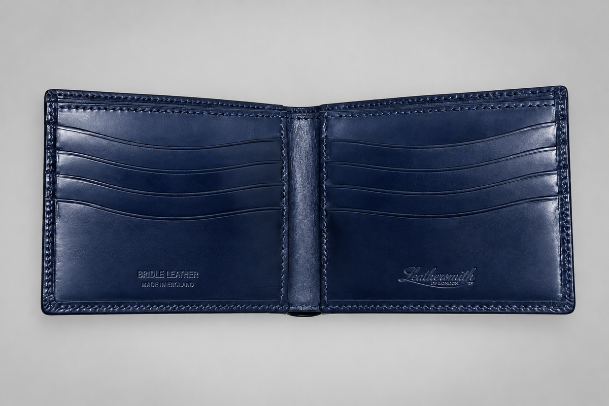 Interior of navy bridle leather wallet with eight card slots