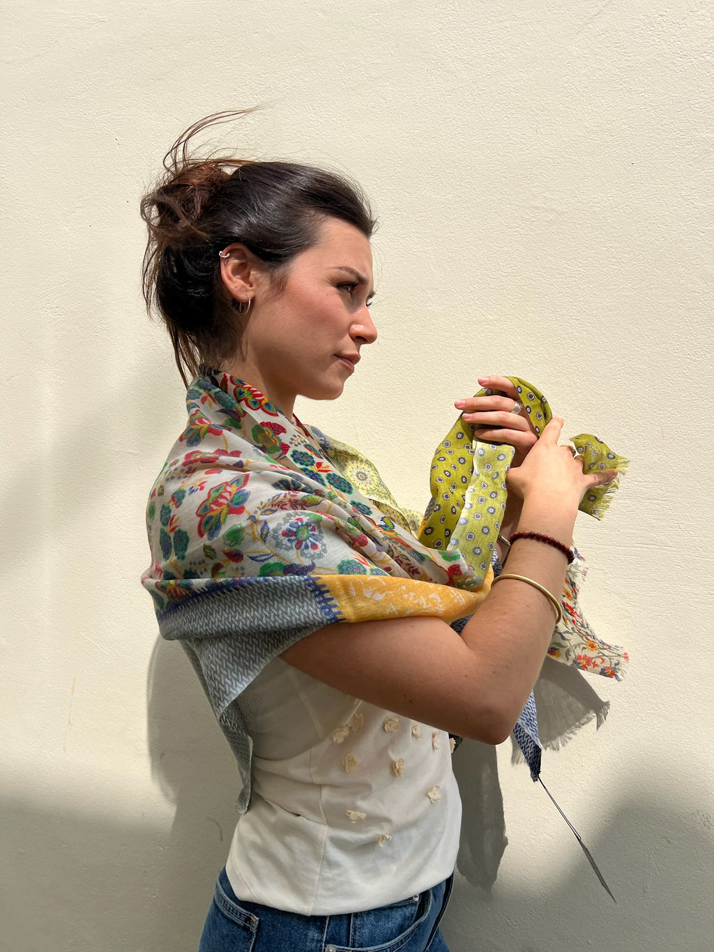 SCARF16647 | Green/Yellow Patchwork Printed Scarf