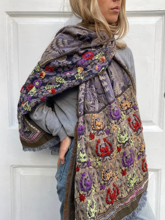 SCARF18597 | Soft Cotton Embroidered Floral Scarf - Lilac/Blue - Pre Order