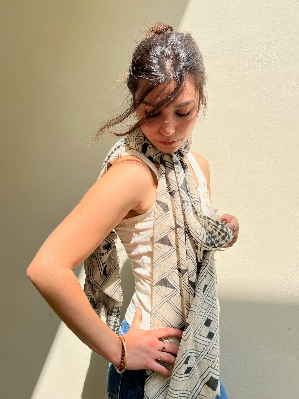 SCARF19572 | Beige/Black Argyle Printed Scarf