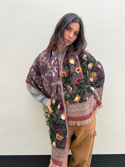 SCARF17258 | Embroidered Floral Scarf / Green - Pre Order