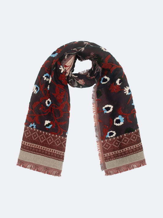 SCARF17258 | Soft Cotton Embroidered Floral Scarf - Navy